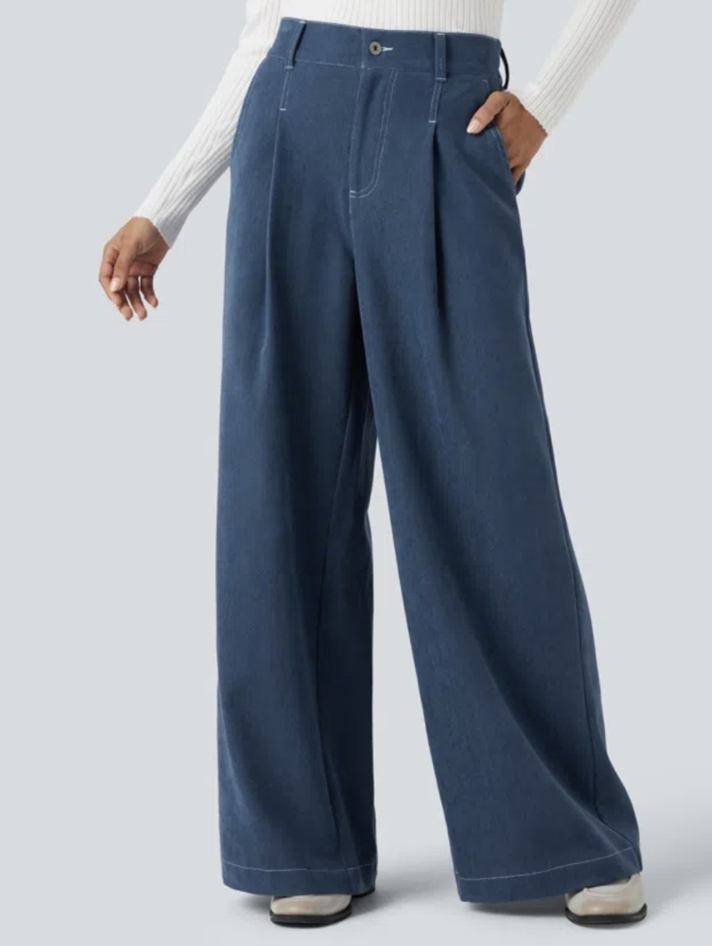 Halara baggy pants women's XL light denim blue hi-rise wide leg stretch pockets
